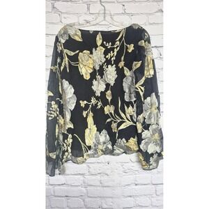 Sheer Black Floral Bell Sleeve Blouse with Sequins and Lettuce Edge Hem